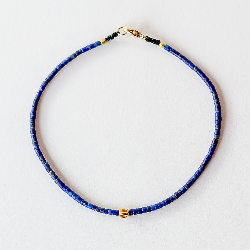 Matte Lapis Beaded Bracelet with Fluted Gold Bead
