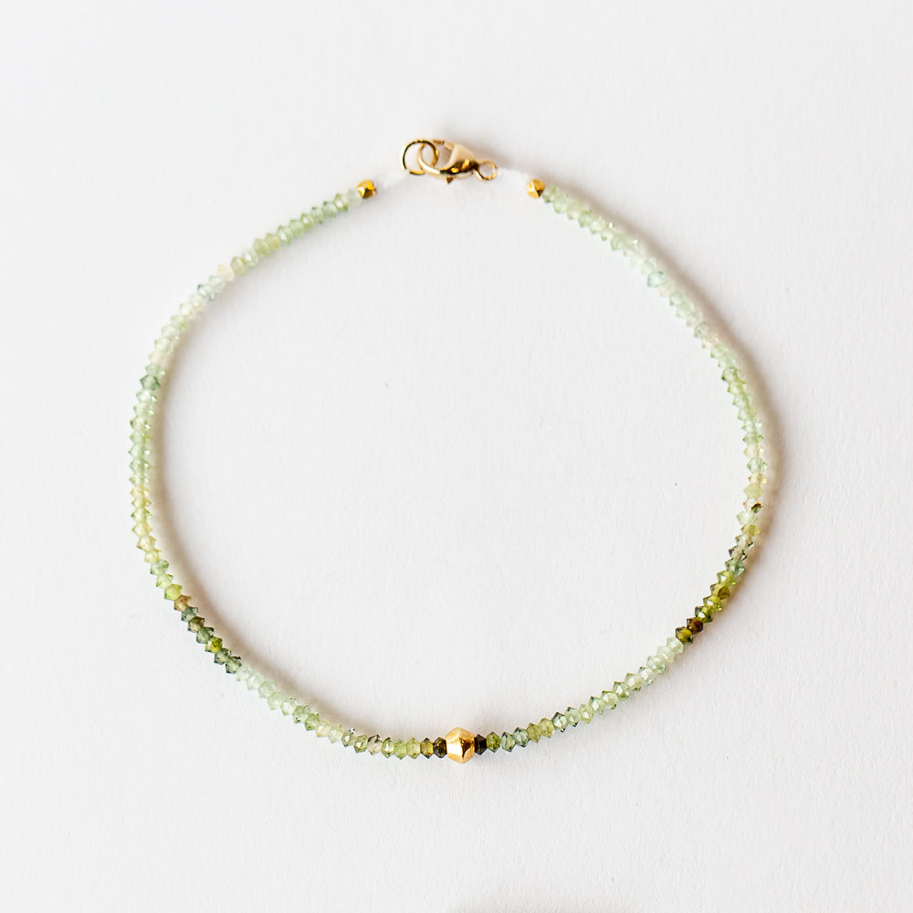 Ombre Green Tourmaline Beaded Bracelet with Knife-Edge Gold Bead