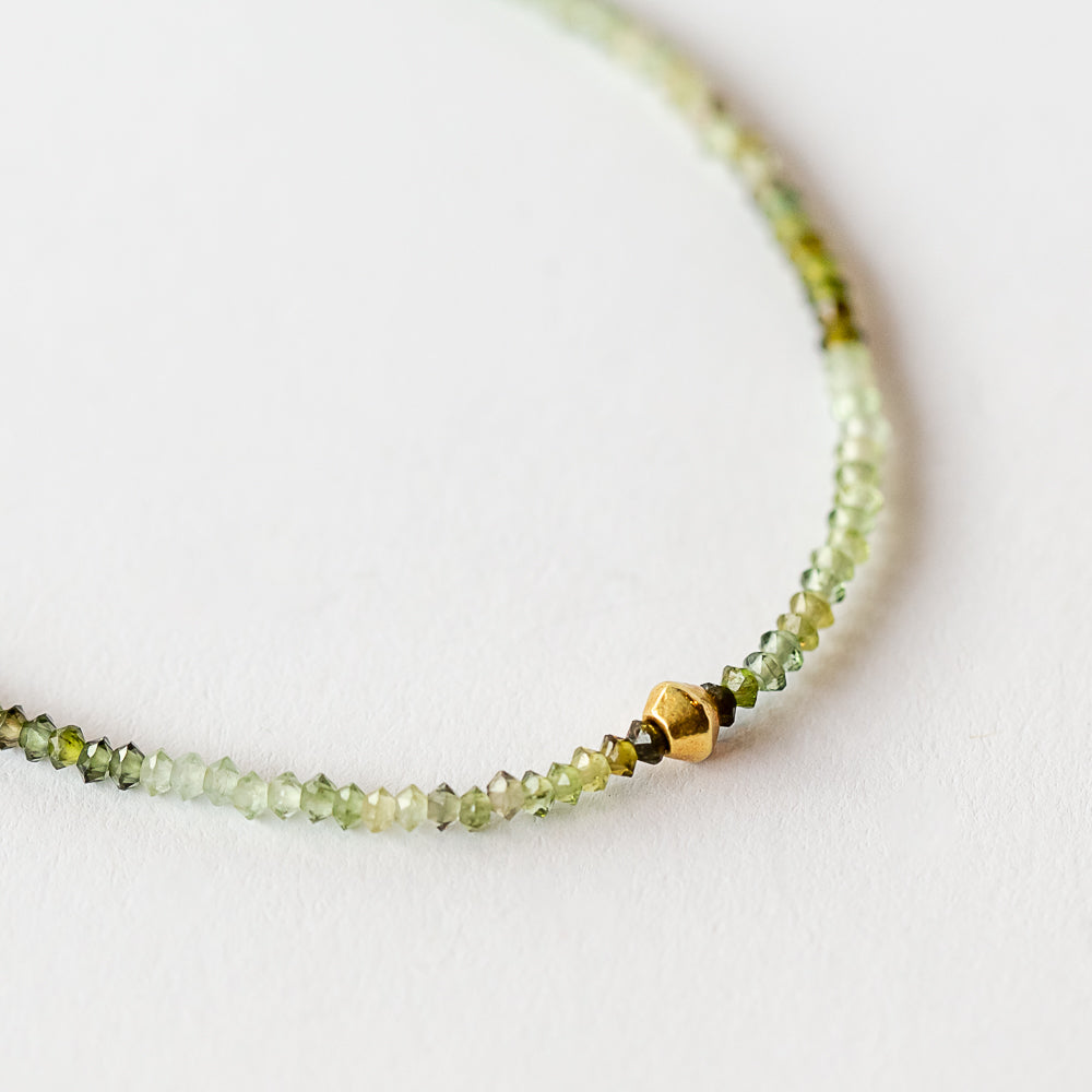 Ombre Green Tourmaline Beaded Bracelet with Knife-Edge Gold Bead