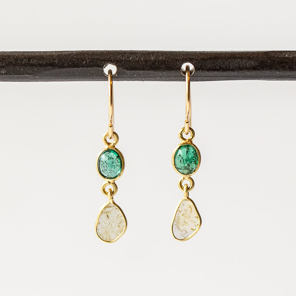 Oval Emerald and Diamond Slice Double Drop Earrings