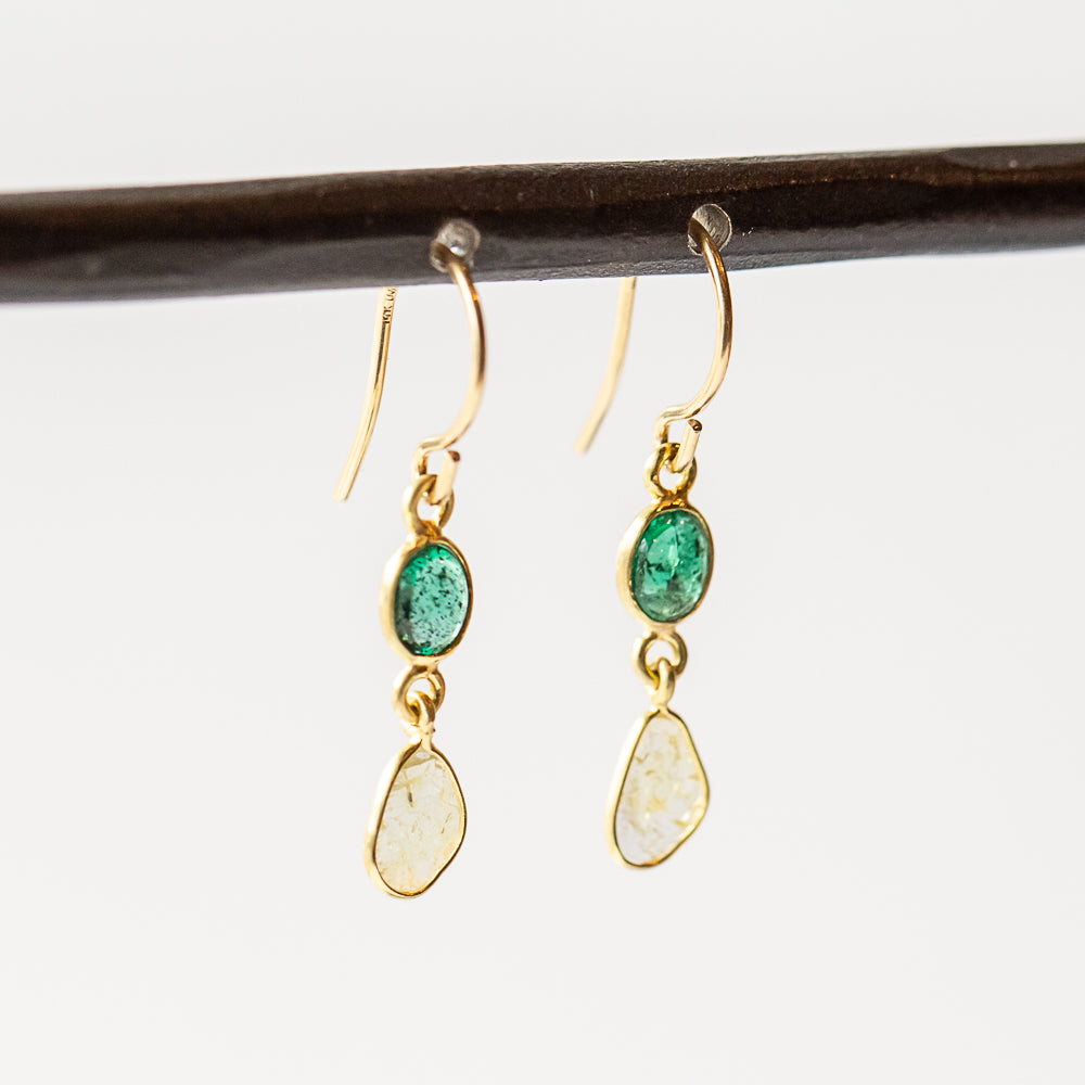 Oval Emerald and Diamond Slice Double Drop Earrings