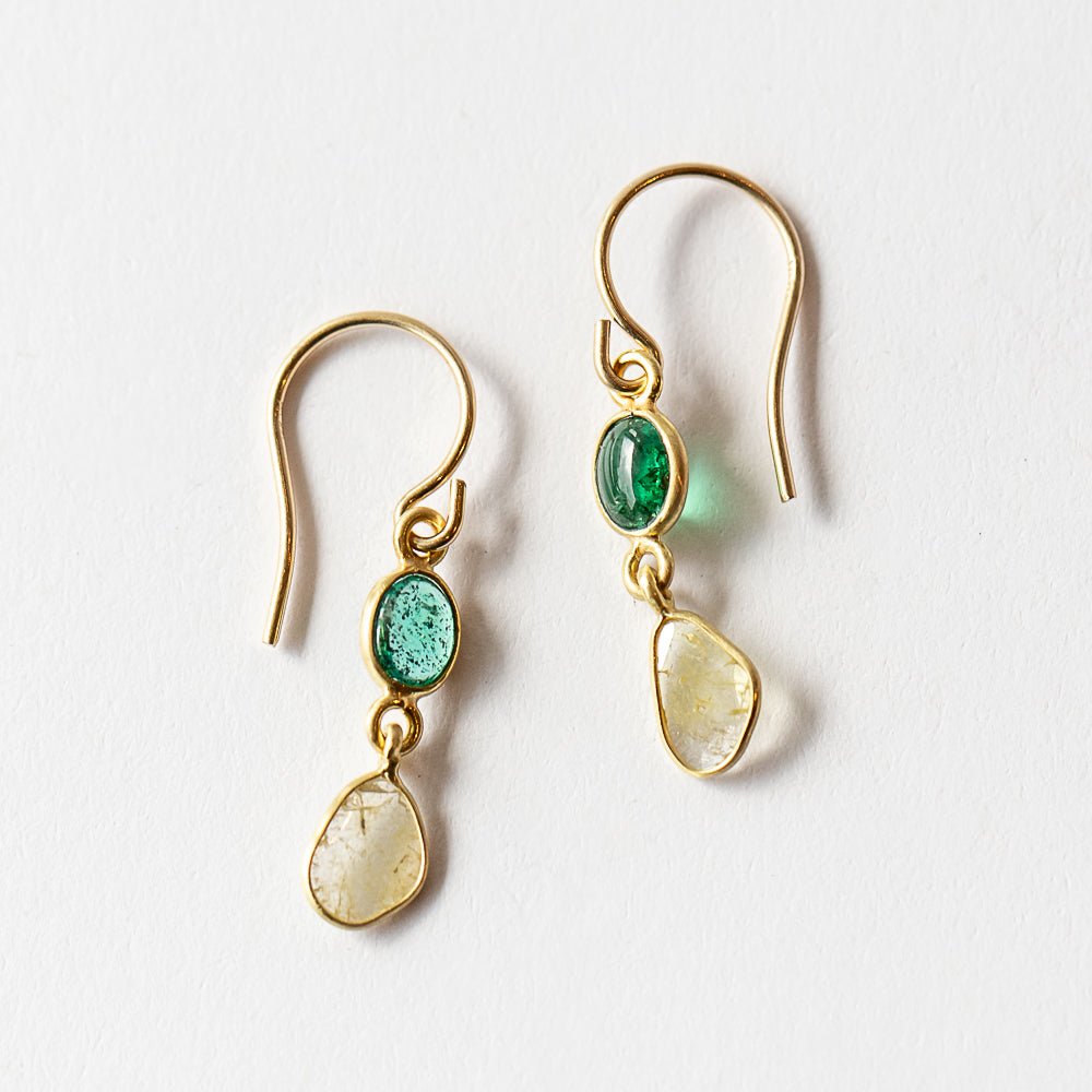Oval Emerald and Diamond Slice Double Drop Earrings