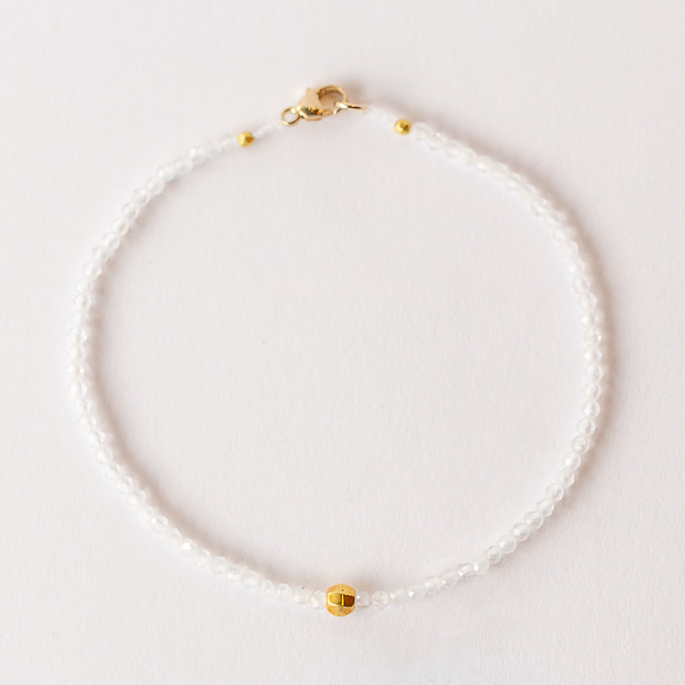 Rainbow Moonstone Beaded Bracelet with Hexagonal Gold Bead