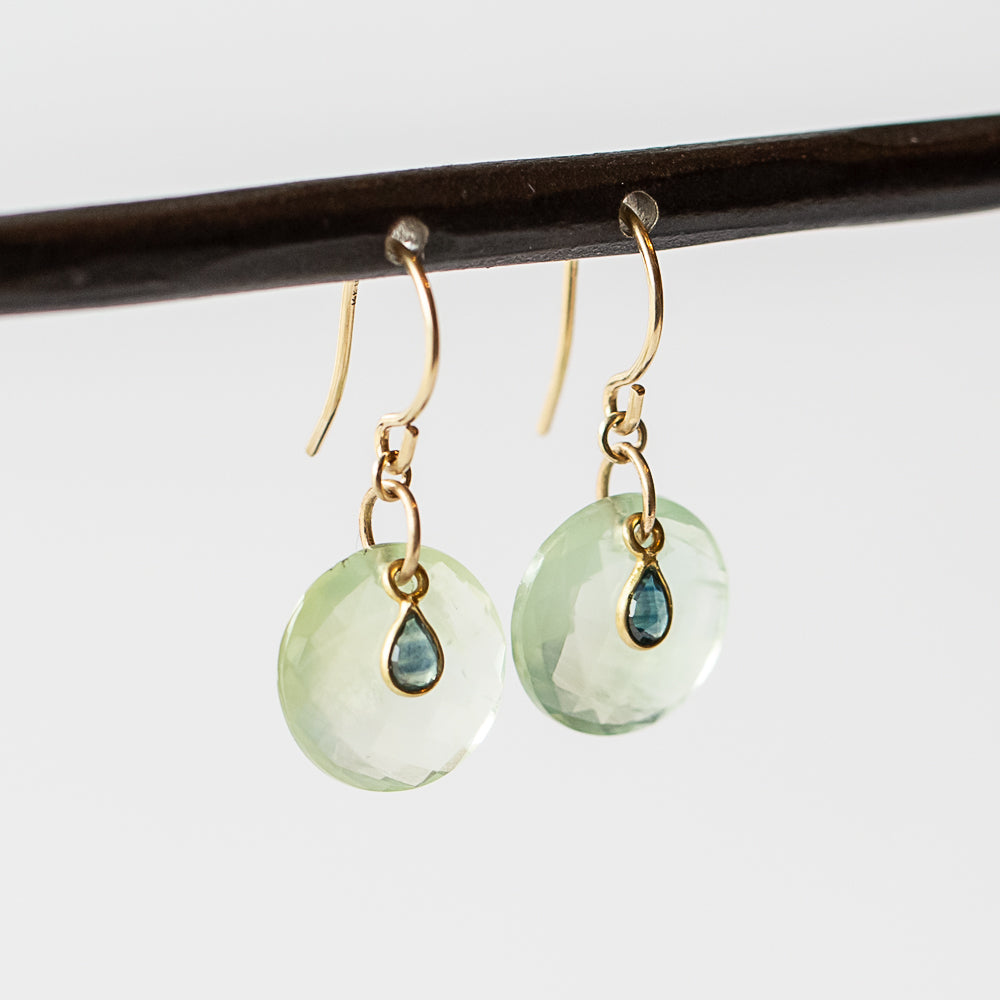 Round Checkerboard Prehnite Drop Earrings with Tiny Sapphire Teardrop Dangles