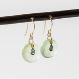 Round Checkerboard Prehnite Drop Earrings with Tiny Sapphire Teardrop Dangles