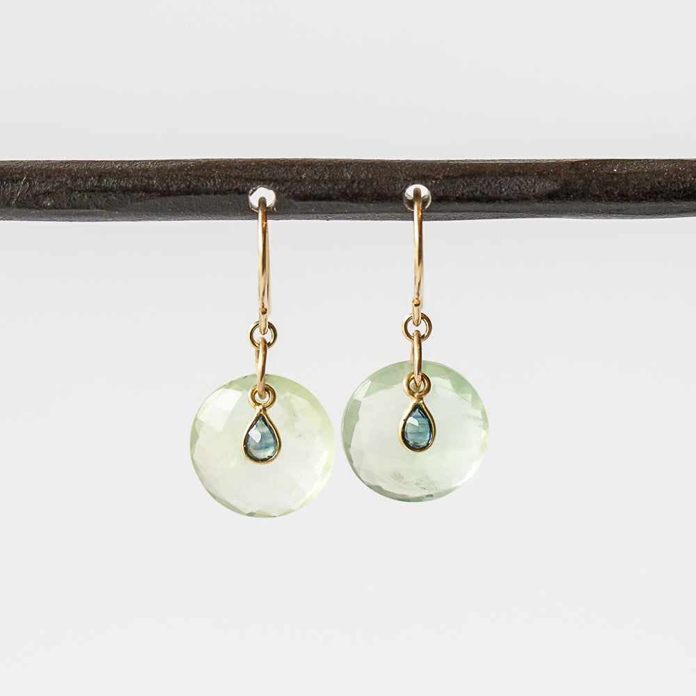 Round Checkerboard Prehnite Drop Earrings with Tiny Sapphire Teardrop Dangles