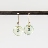 Round Checkerboard Prehnite Drop Earrings with Tiny Sapphire Teardrop Dangles