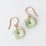 Round Checkerboard Prehnite Drop Earrings with Tiny Sapphire Teardrop Dangles