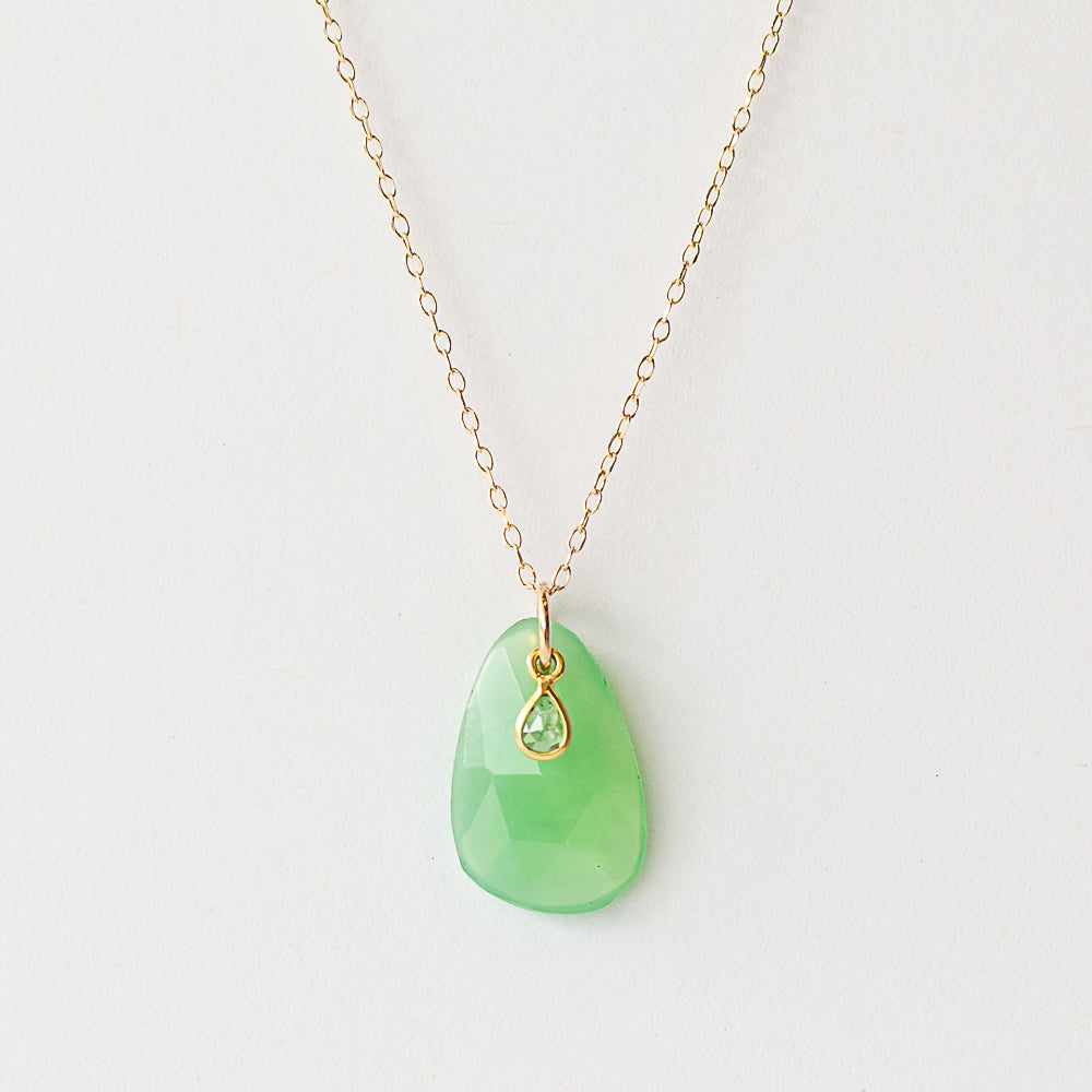 Sea Green Tourmaline Drop Necklace with Tiny Diamond Dangle