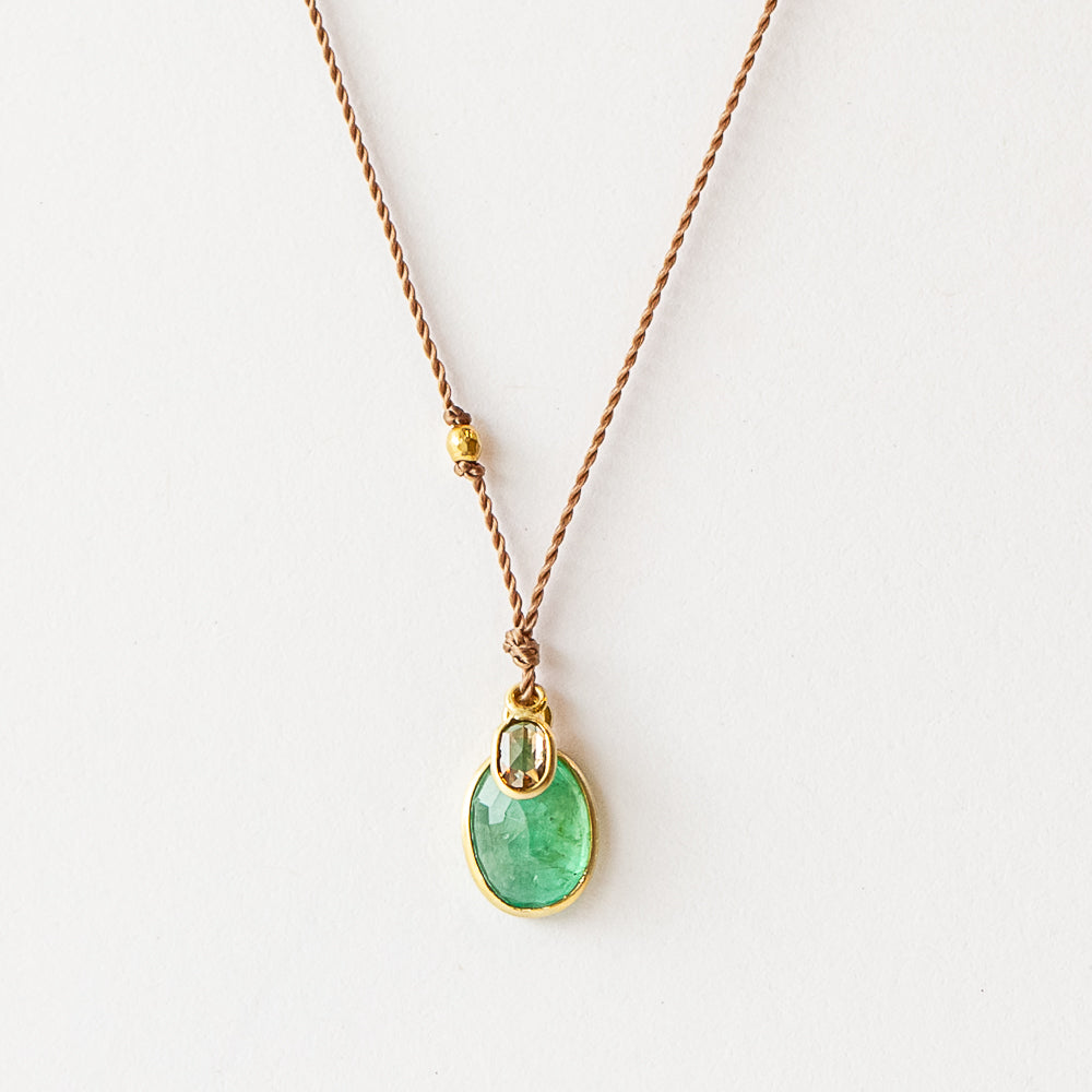 Small Oval Emerald Necklace with Tiny Diamond Dangle