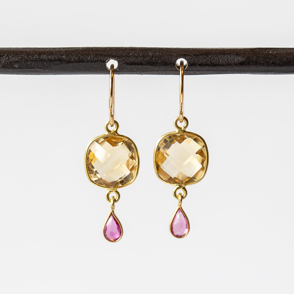 Square Cushion Citrine and Tiny Ruby Teardrop Double Drop Earrings