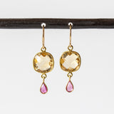 Square Cushion Citrine and Tiny Ruby Teardrop Double Drop Earrings