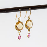 Square Cushion Citrine and Tiny Ruby Teardrop Double Drop Earrings