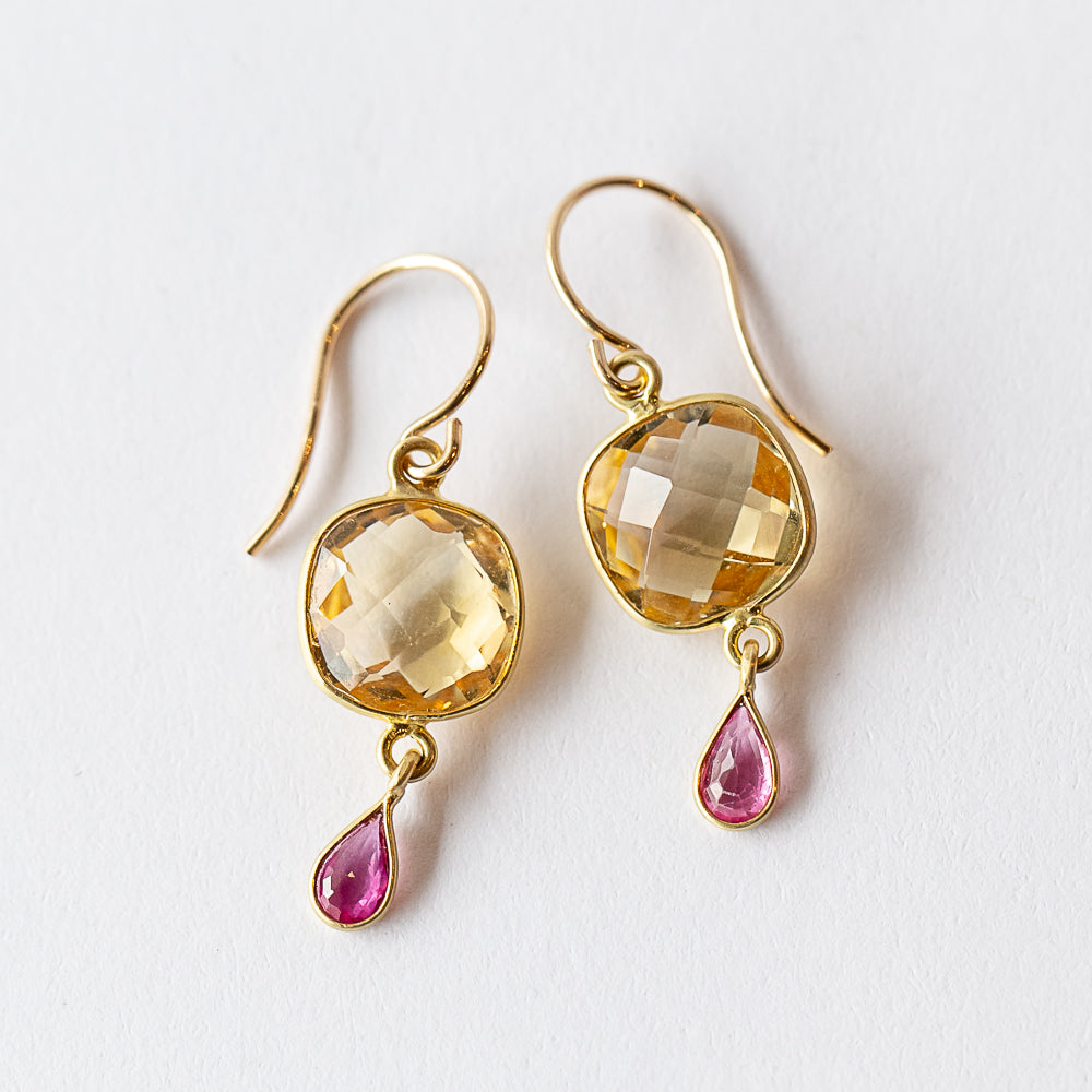 Square Cushion Citrine and Tiny Ruby Teardrop Double Drop Earrings