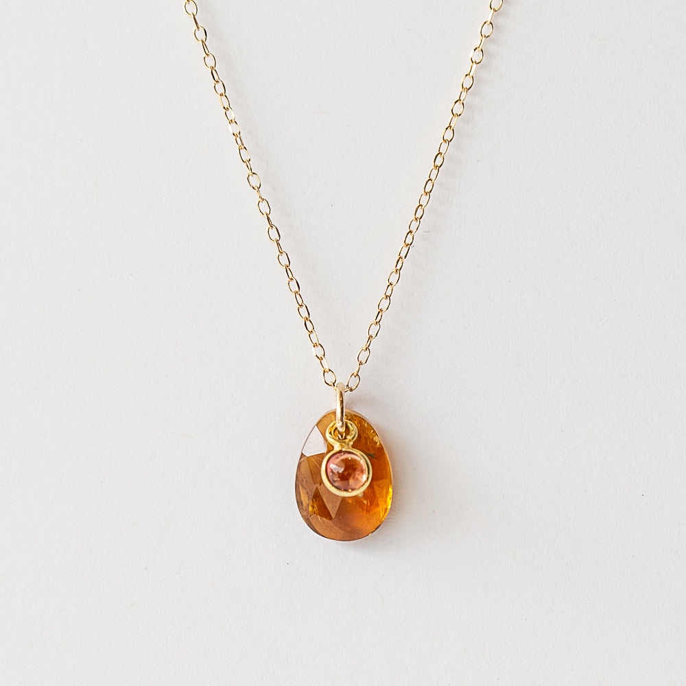 Teardrop Orange Tourmaline Necklace with Round Pink Sapphire Dangle