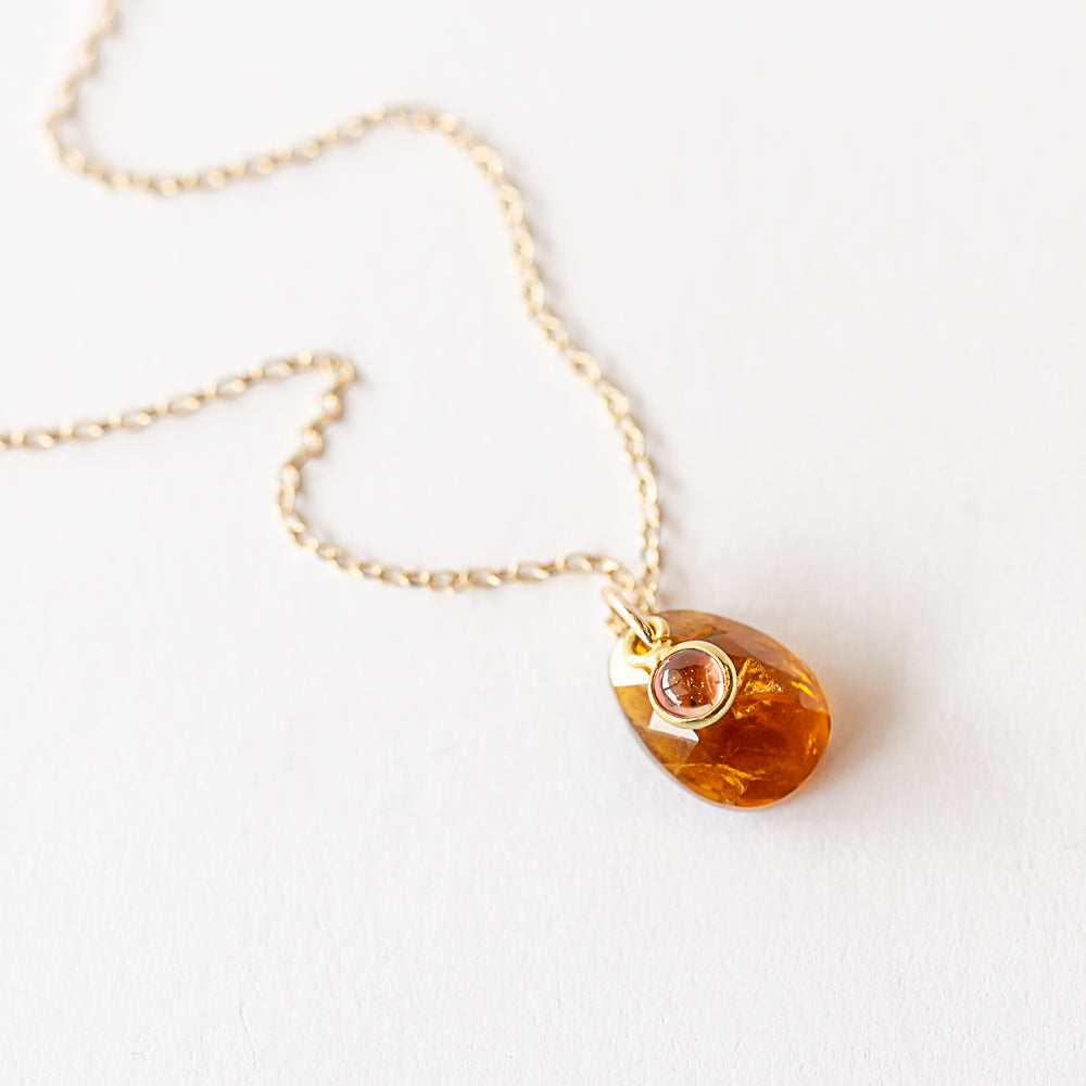 Teardrop Orange Tourmaline Necklace with Round Pink Sapphire Dangle