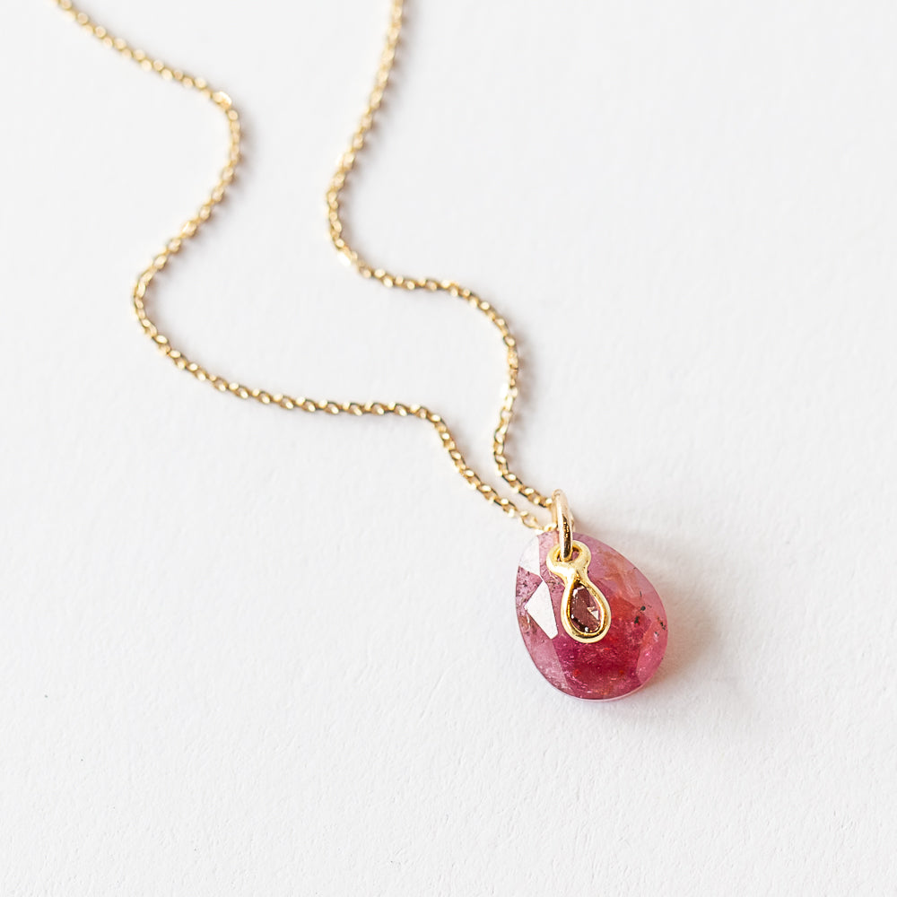 Teardrop Pink Tourmaline Necklace with Tiny Gray Diamond Dangle