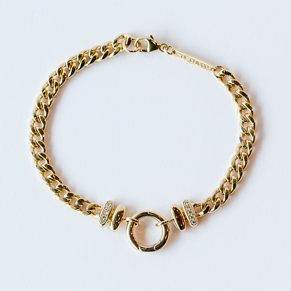 Zoe Chicco | Medium Curb Chain Bracelet with Pave Diamonds and Round Charm Enhancer