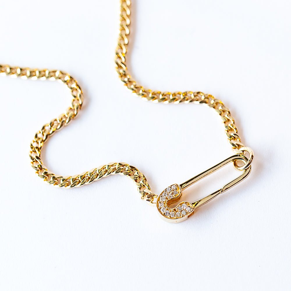 Zoe Chicco | Small Curb Chain Necklace with Pave Diamond Safety Pin Clasp