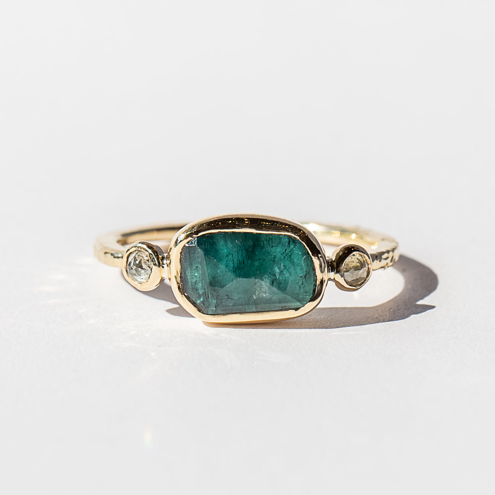 Teal Tourmaline and Salt and Pepper Diamond Ring