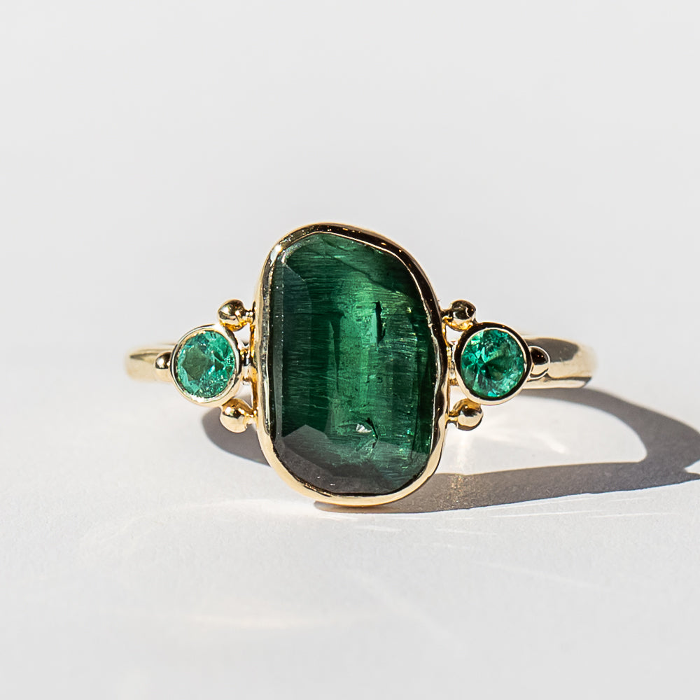 Teal Tourmaline and Emerald Ring