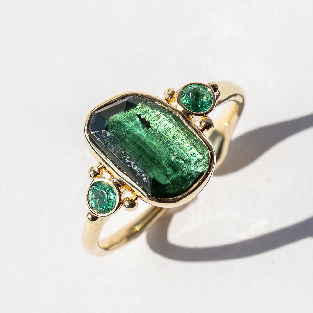 Teal Tourmaline and Emerald Ring