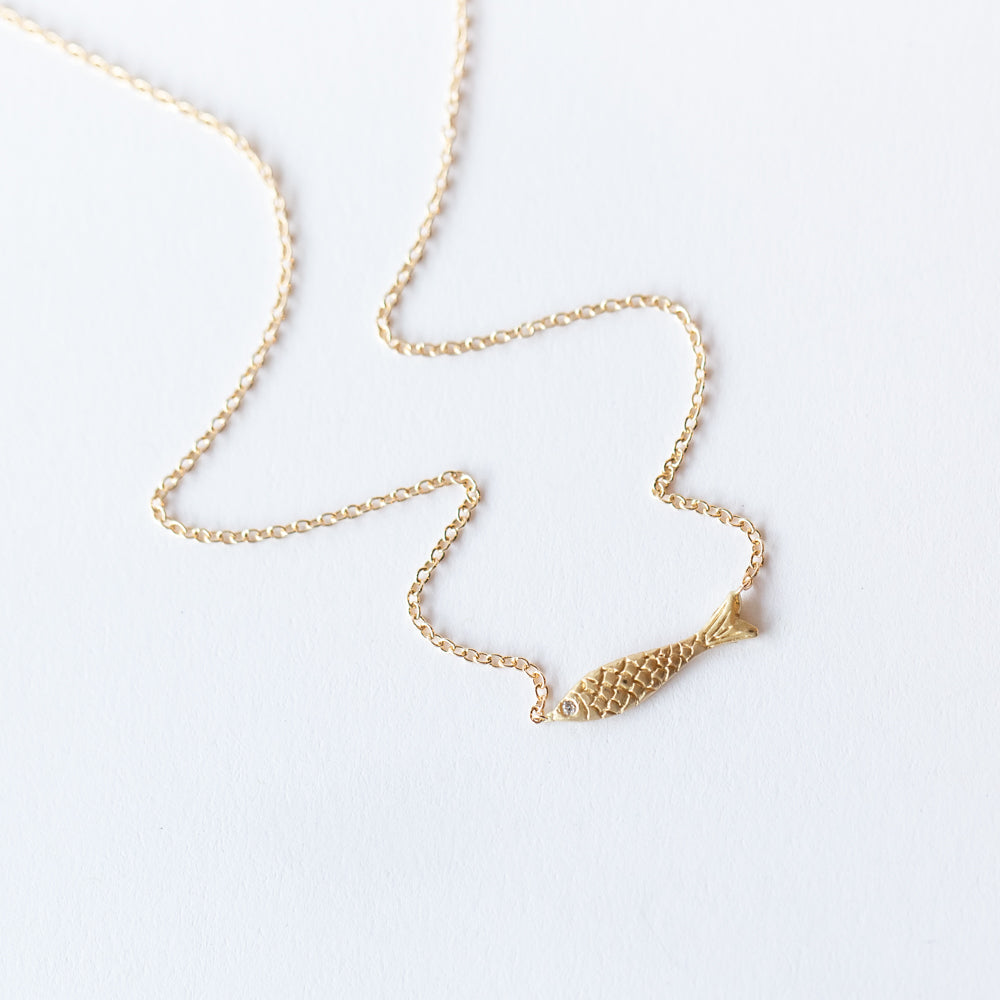Victoria Cunningham | Tiny Fish Necklace with Diamond Eye