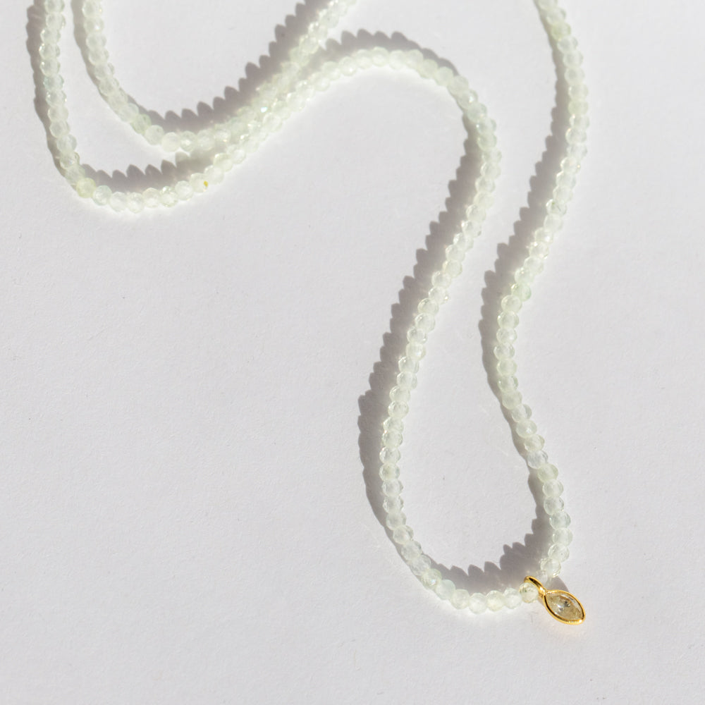 Prehnite Beaded Necklace with Marquise Diamond Charm