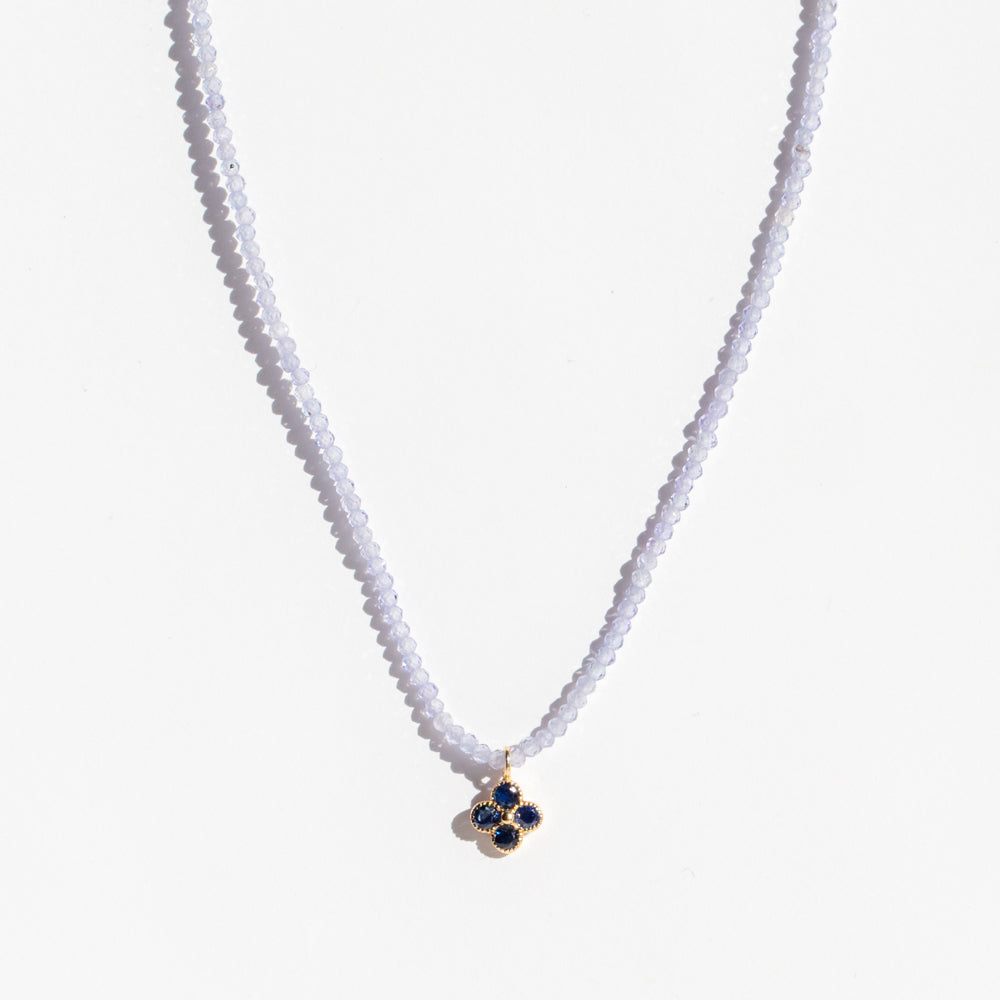 Tanzanite Beaded Necklace with Sapphire Flower Charm