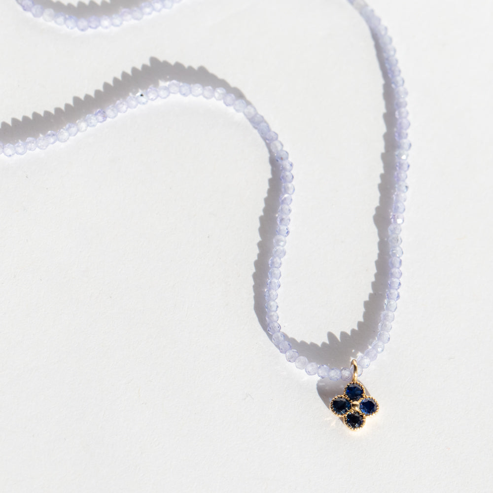 Tanzanite Beaded Necklace with Sapphire Flower Charm