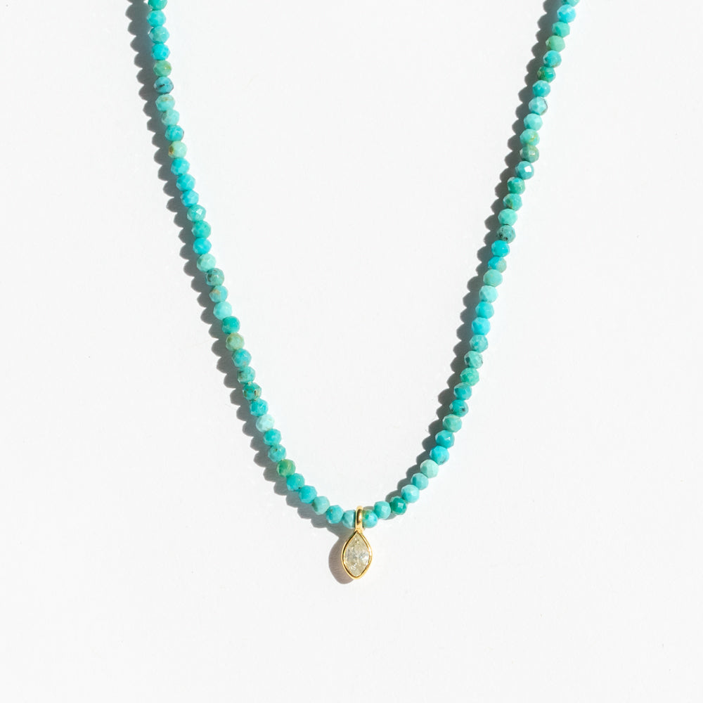 Turquoise Beaded Necklace with Marquise Diamond Charm