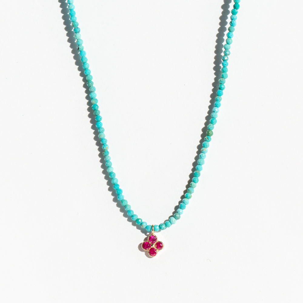 Turquoise Beaded Necklace with Ruby Flower Charm