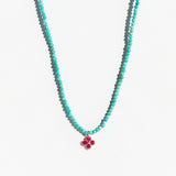 Turquoise Beaded Necklace with Ruby Flower Charm