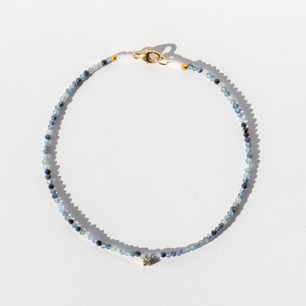 Blue Gray Sapphire Beaded Bracelet with Diamond Charm