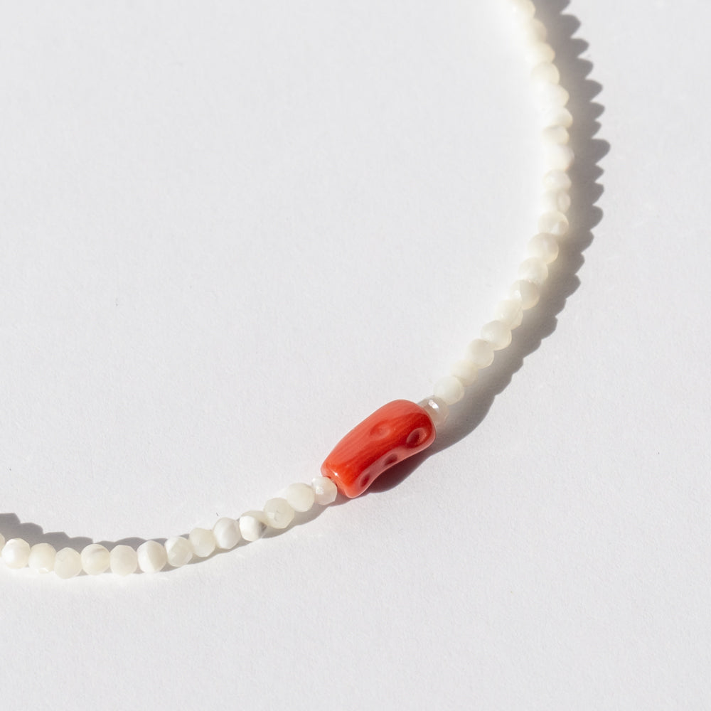Mother of Pearl Beaded Bracelet with Coral Bead