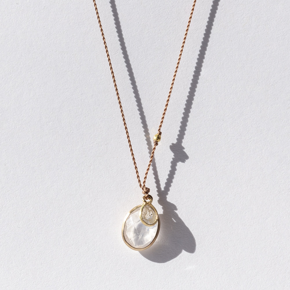 Oval Moonstone Necklace with Tiny Diamond Slice Dangle