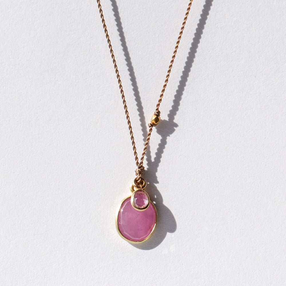 Oval Pink Sapphire Necklace with Tiny Pink Sapphire Dangle