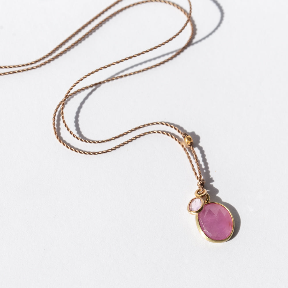 Oval Pink Sapphire Necklace with Tiny Pink Sapphire Dangle