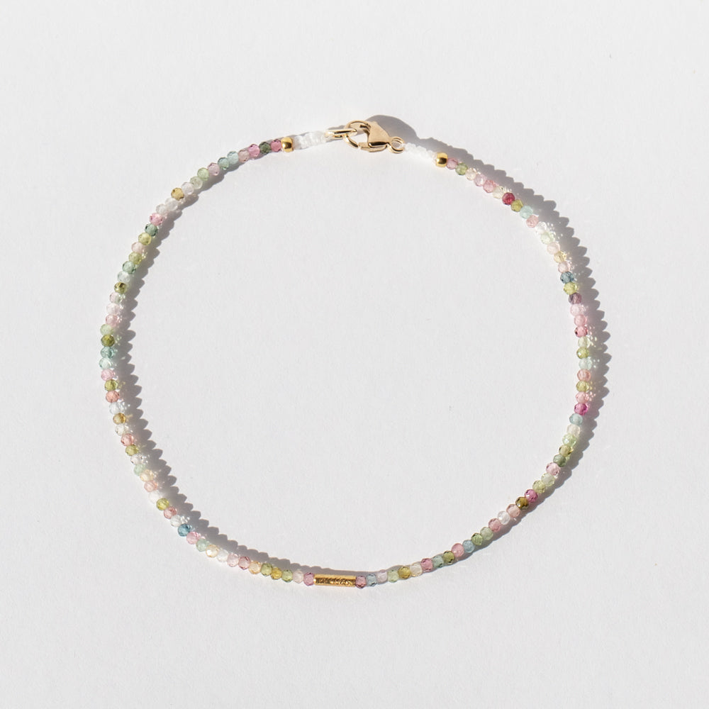Pink and Green Tourmaline Beaded Bracelet with Gold Tube Bead