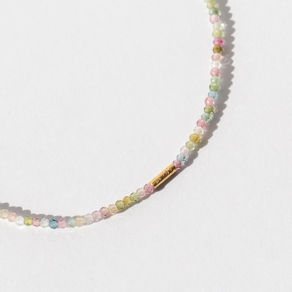Pink and Green Tourmaline Beaded Bracelet with Gold Tube Bead