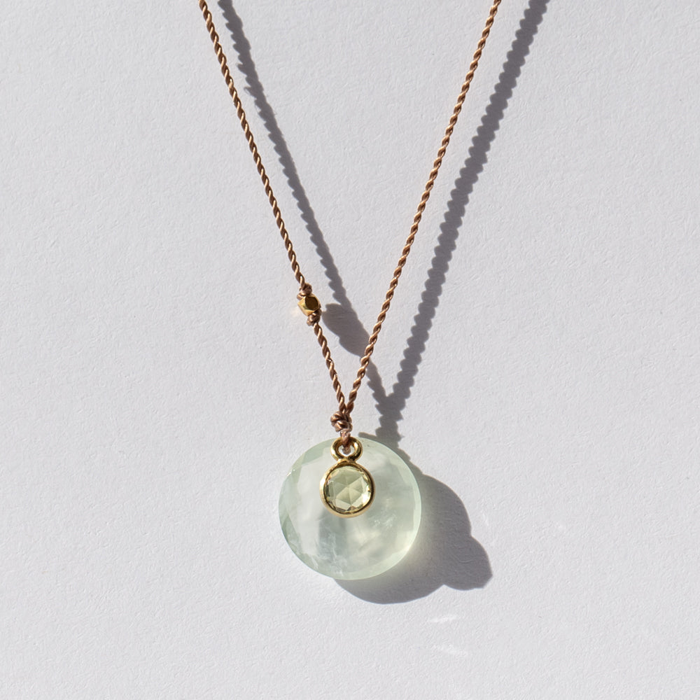 Round Prehnite Necklace with Tiny Yellow Tourmaline Dangle
