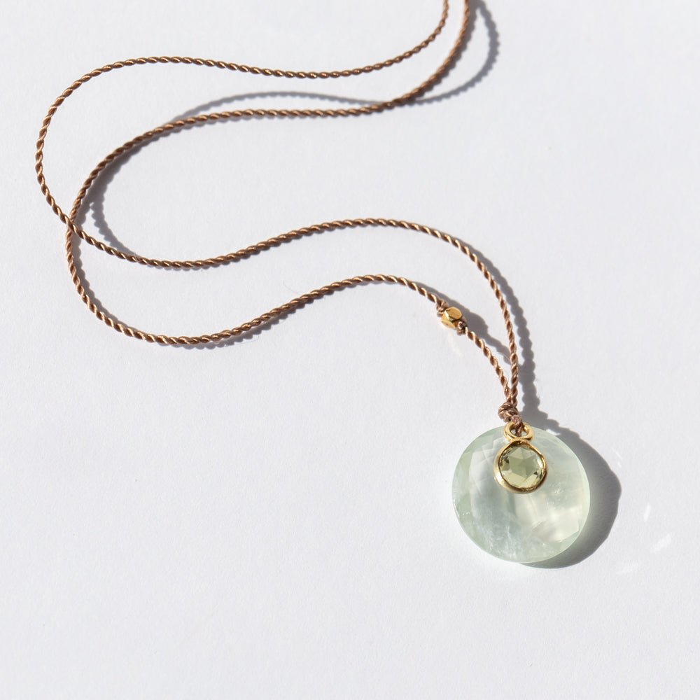 Round Prehnite Necklace with Tiny Yellow Tourmaline Dangle