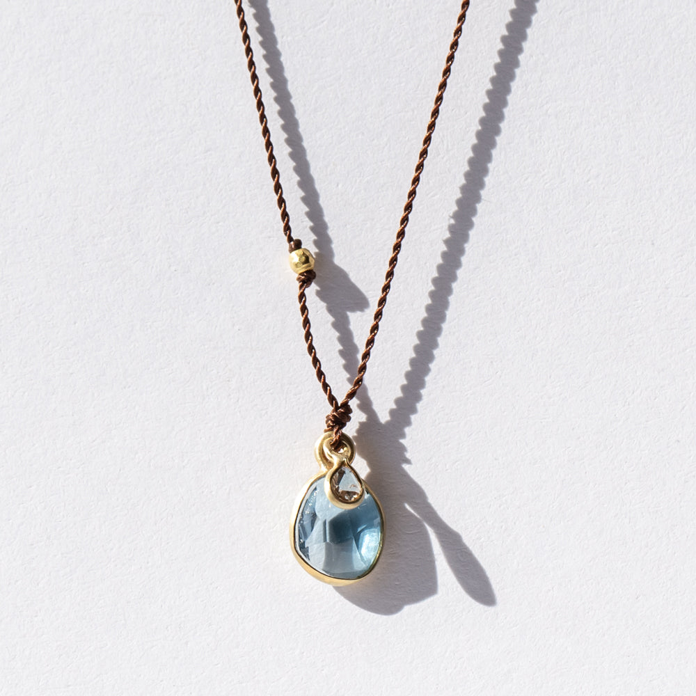 Small London Blue Topaz Necklace With Tiny Teardrop Diamond Dangle