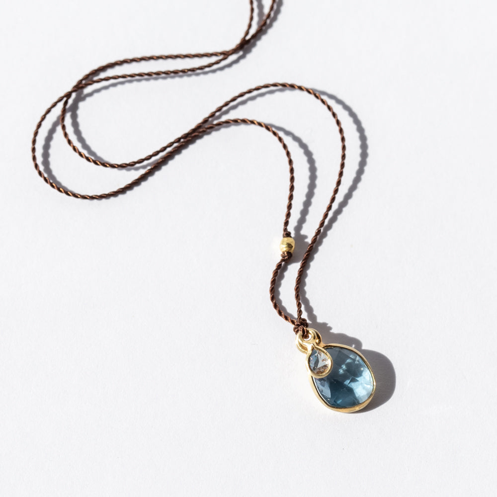 Small London Blue Topaz Necklace With Tiny Teardrop Diamond Dangle