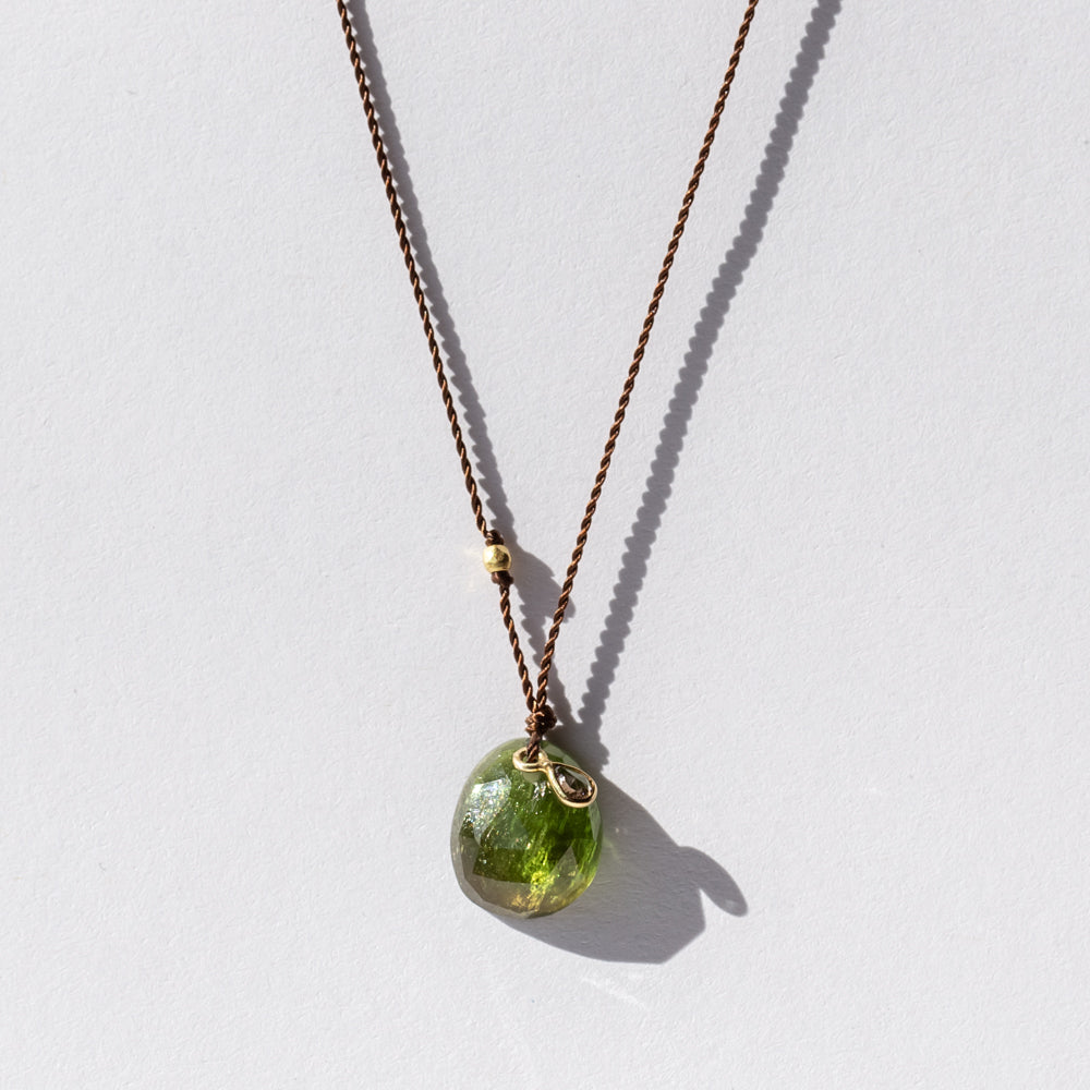 Teardrop Olive Green Tourmaline Necklace with Tiny Diamond Dangle
