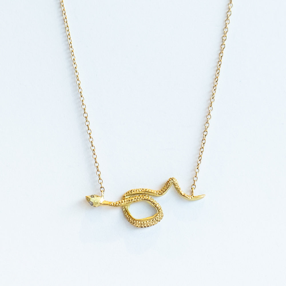 Engraved Snake Necklace with Diamond Eyes