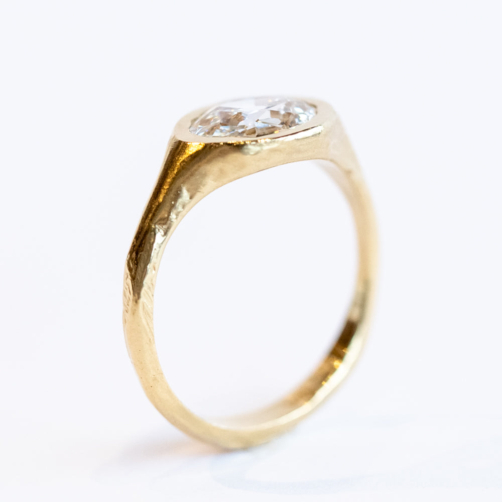 Carved Oval Diamond Signet Engagement Ring
