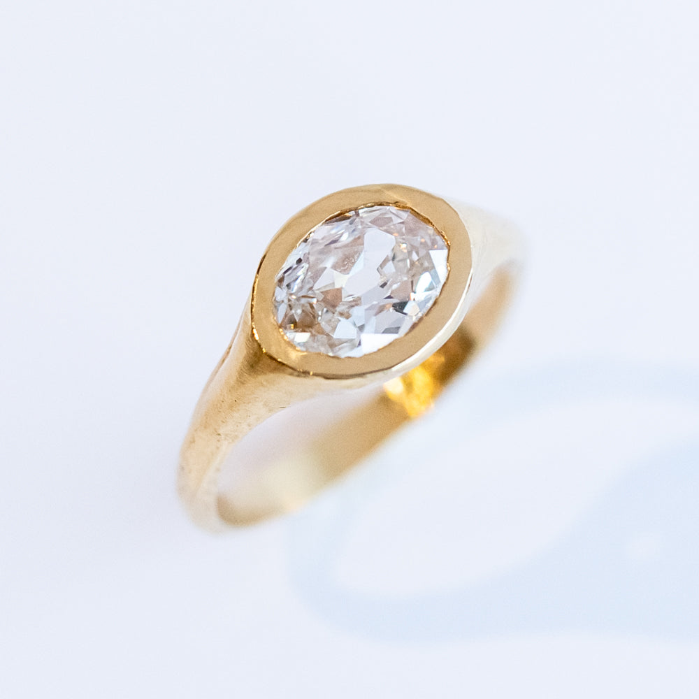 Carved Oval Diamond Signet Engagement Ring