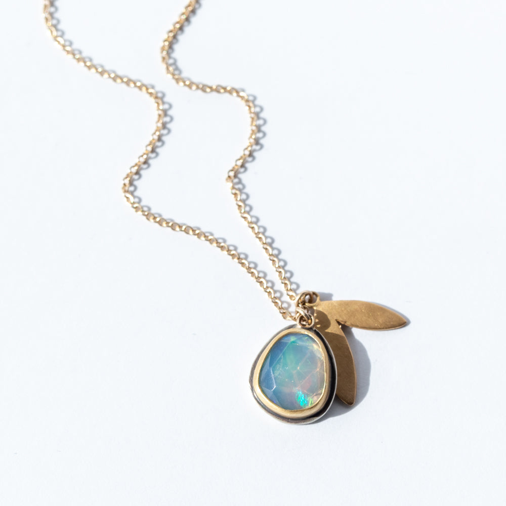 Asymmetrical Rose Cut Opal Necklace with Double Leaf Charm