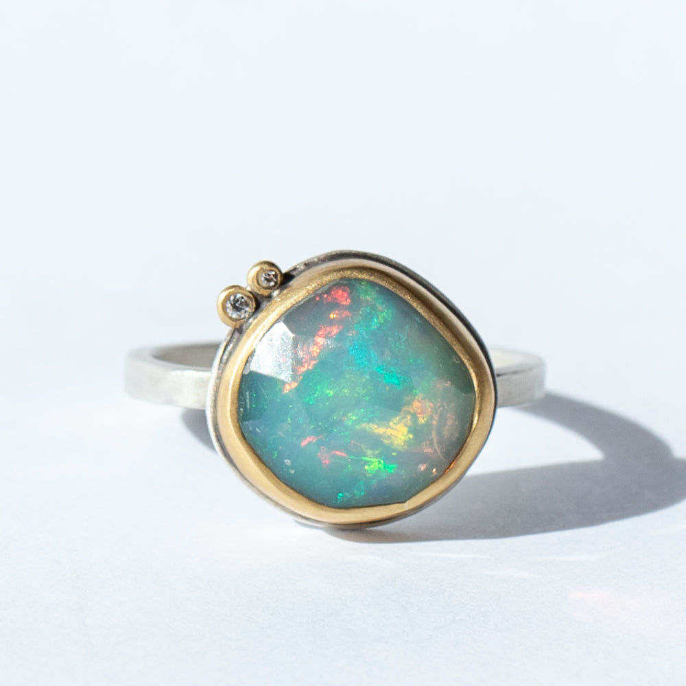 Asymmetrical Rose Cut Opal Ring with Diamond Dots